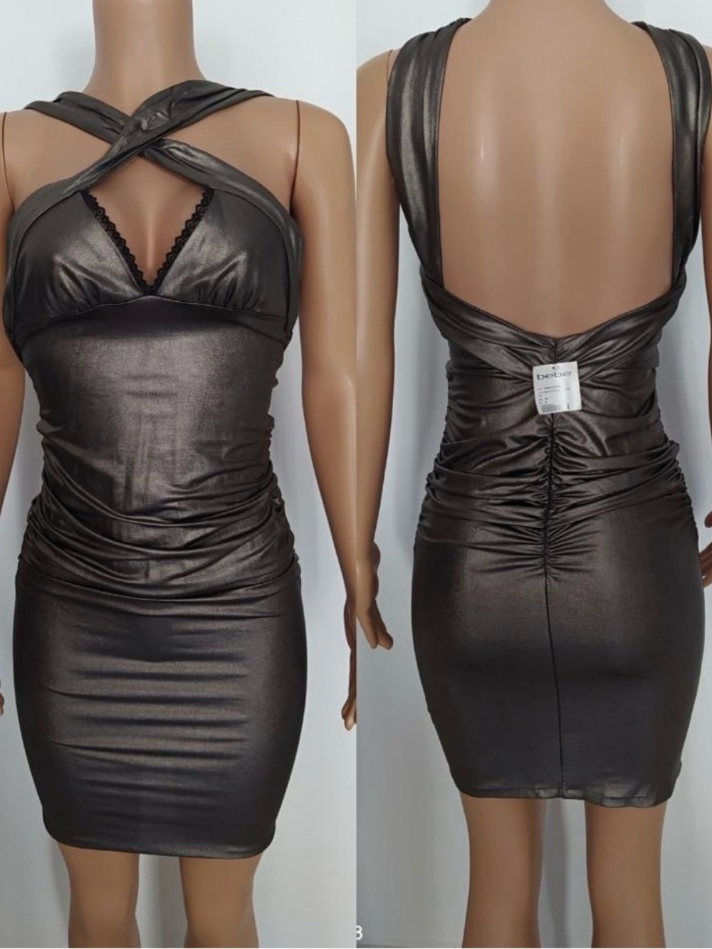 Bebe crossed chest  Metallic Silver Sheen Dress